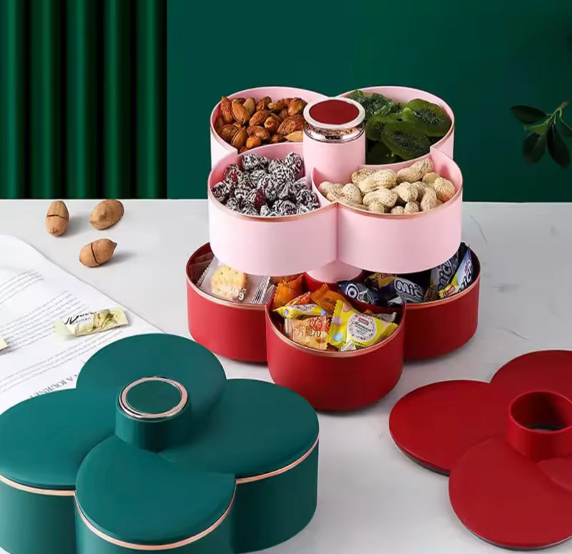 2 Layer Rotating Dry Fruit Tray, Flower Shaped Dry Fruit Storage Organizer, Candy Food Serving Tray 2 Layer Rotating Dry Fruit Tray, Flower Shaped Dry Fruit Storage Organizer, Candy Food Serving Tray